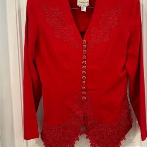Joseph Ribkoff Red Embroidered Lace Hem Jacket | Made in Canada | Size 8